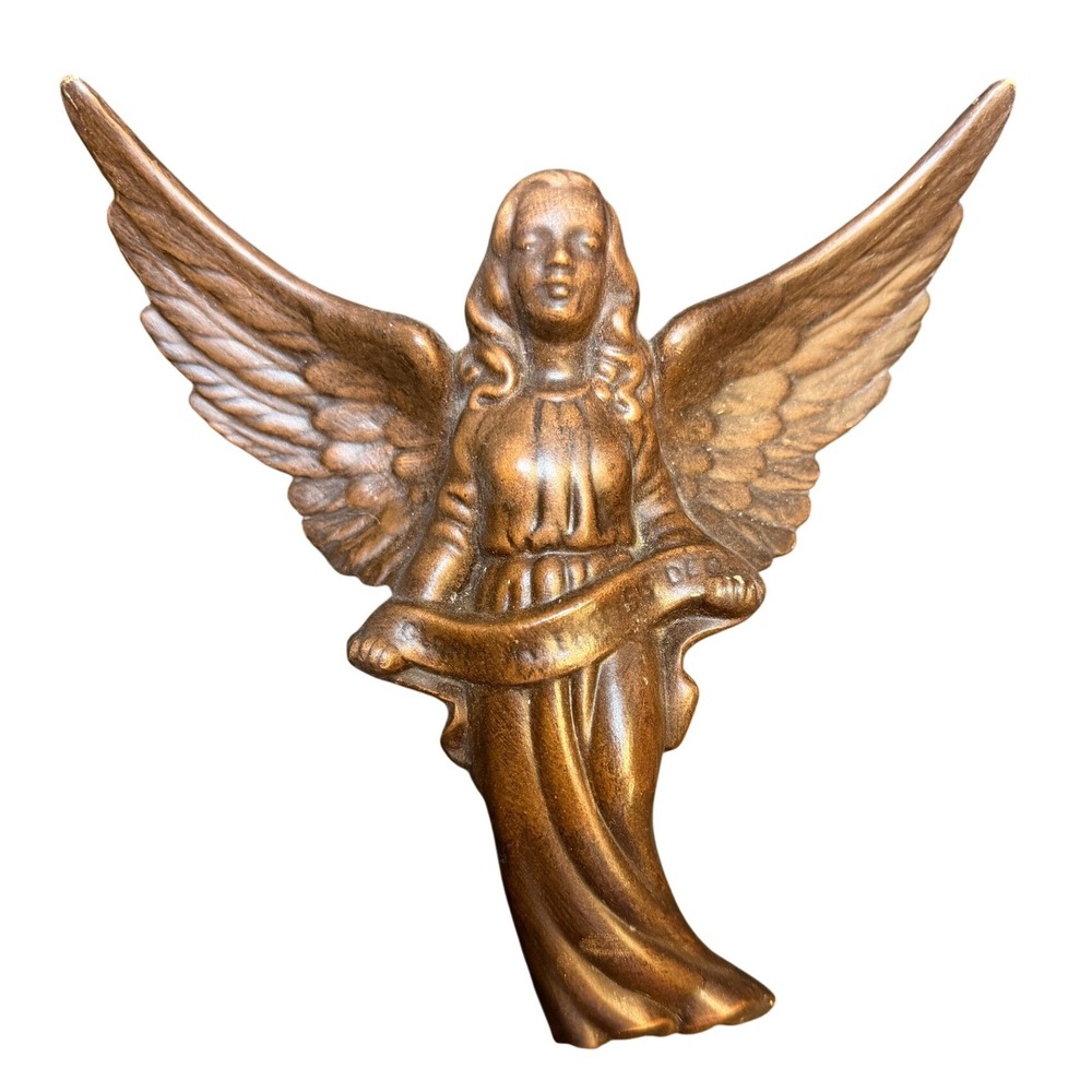 Vintage Bronze Tone Ceramic Angel Wall Hanging Figurine Religious Decor 7.5 Inch